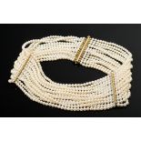 Elegant Collier de Chien of 14 Akoya cultured pearl strands (Ø 3-3.5mm) with yellow gold 585 clasp 