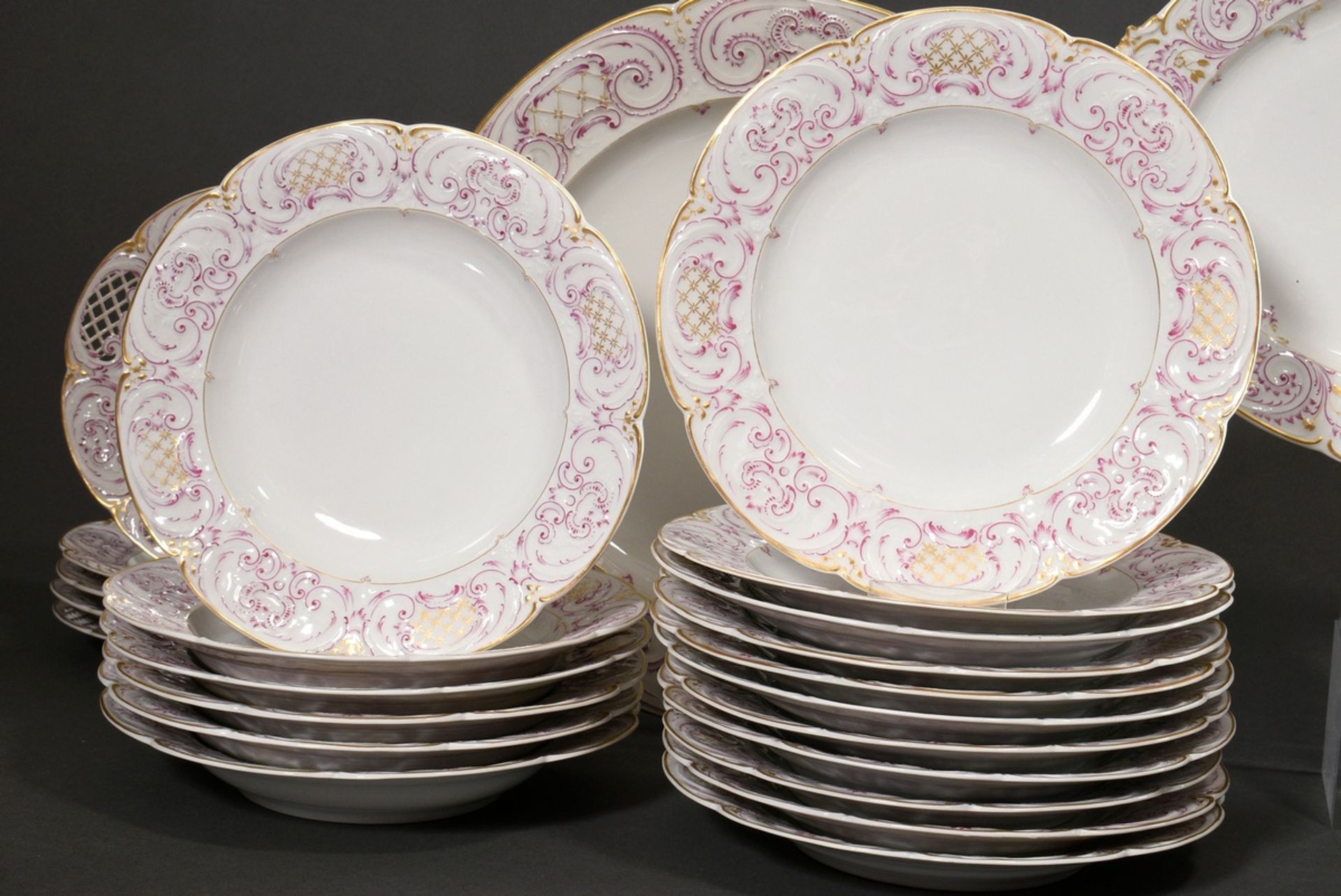 69 Pieces KPM dinner service in Rococo form with purple and gold staffage, red imperial orb mark, c - Image 22 of 22