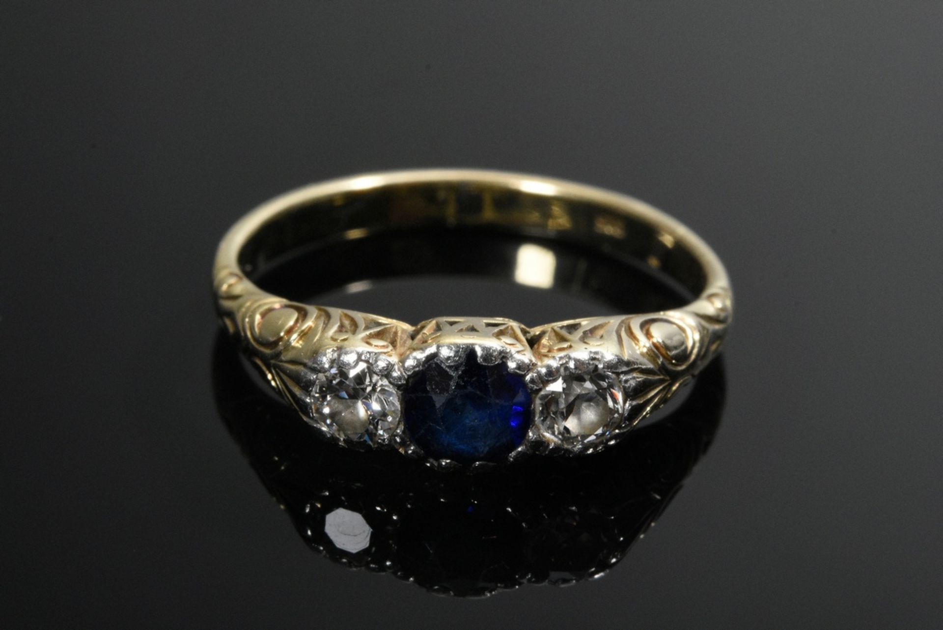 Antique yellow gold 585 pre-stud ring with sapphire and 2 old-cut diamonds (together approx. 0.20ct - Image 3 of 4