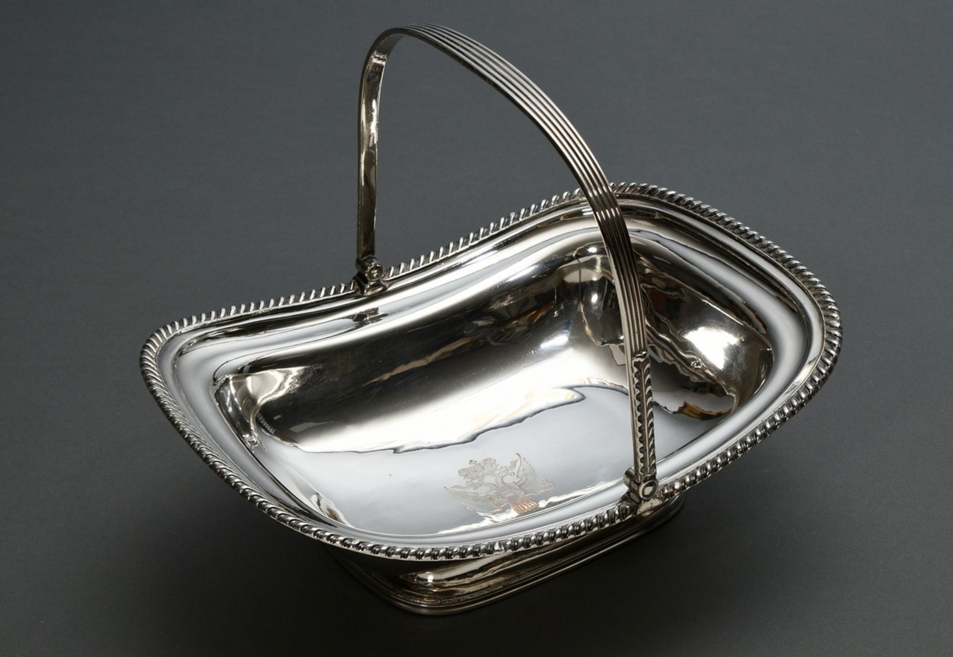 Large silver-plated pastry or fruit basket with hinged handle and grooved rim, engraved ‘Habsburg d - Image 4 of 8