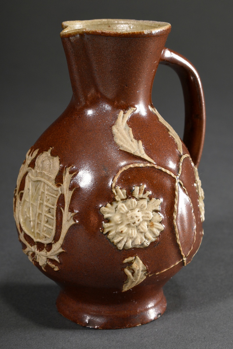 A small Bunzlau jug with Saxon coat of arms, globular form over a slightly flared foot, short funne - Image 2 of 6