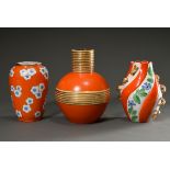 3 Various Italian Midcentury vases, c. 1950, ceramic with coloured decorations and gilding on an or