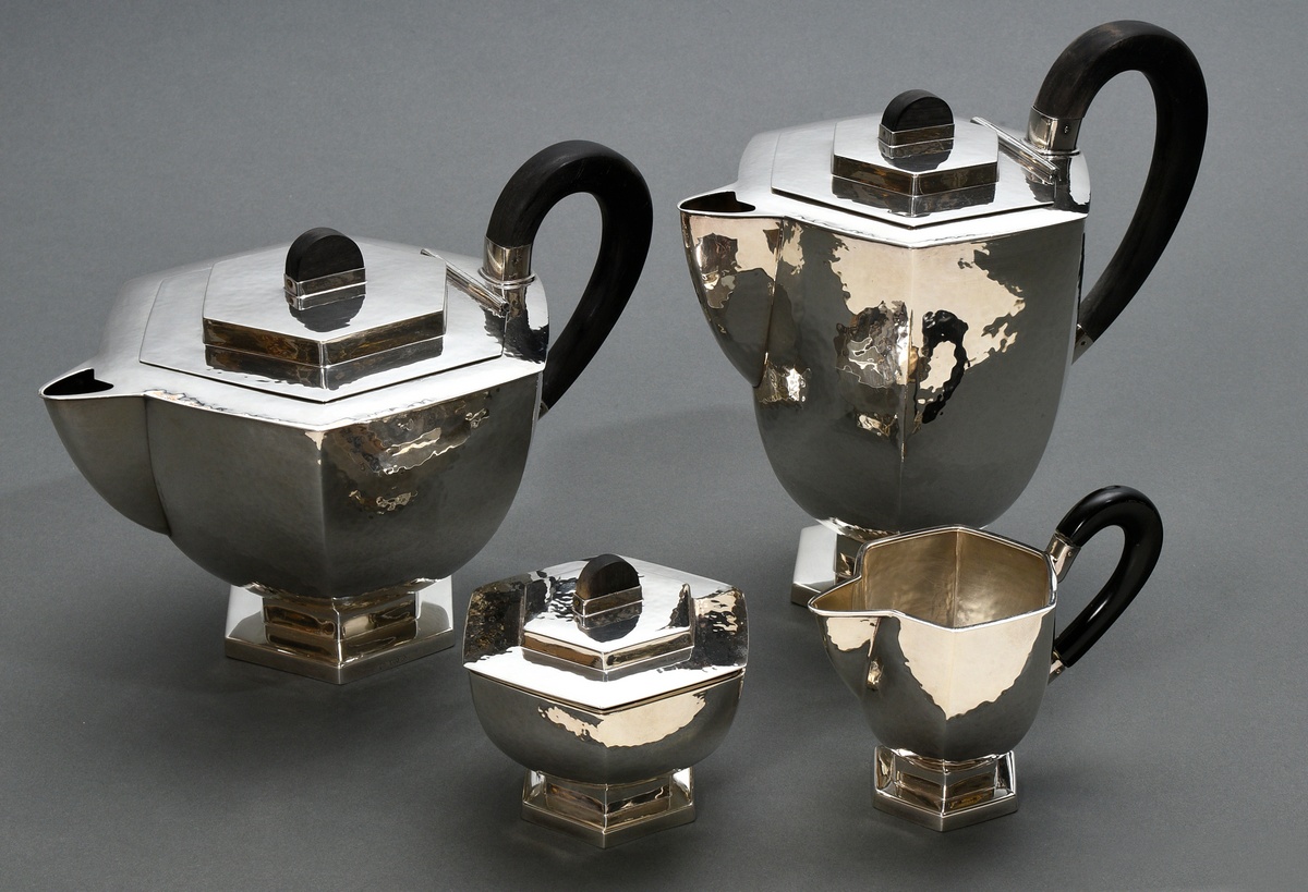 4-Piece marquetry Art Deco coffee and tea service in hexagonal form with black wooden handles and a