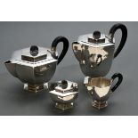 4 Teile martelliertes Art Deco Kaffee- und Teeservice in hexagonaler Form mit schwarzen Holz Handha