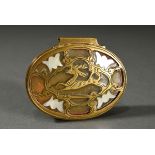 Oval brass snuff box with horn and mother-of-pearl inlays in the lid "Leaping Stag", England approx