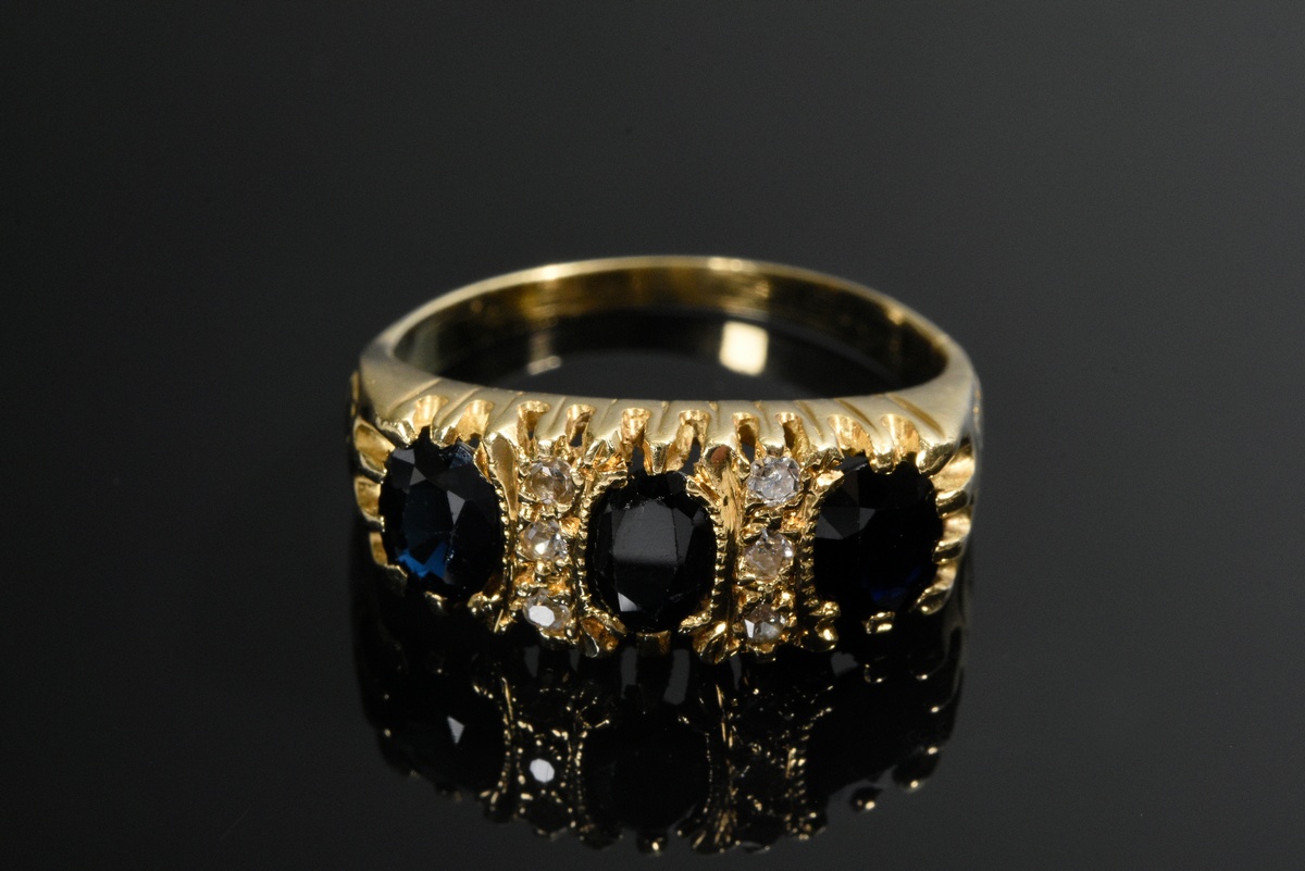 Small yellow gold 585 ring with sapphires and octagonal diamonds (together approx. 0.10ct/SI/W-TCR) - Image 4 of 4