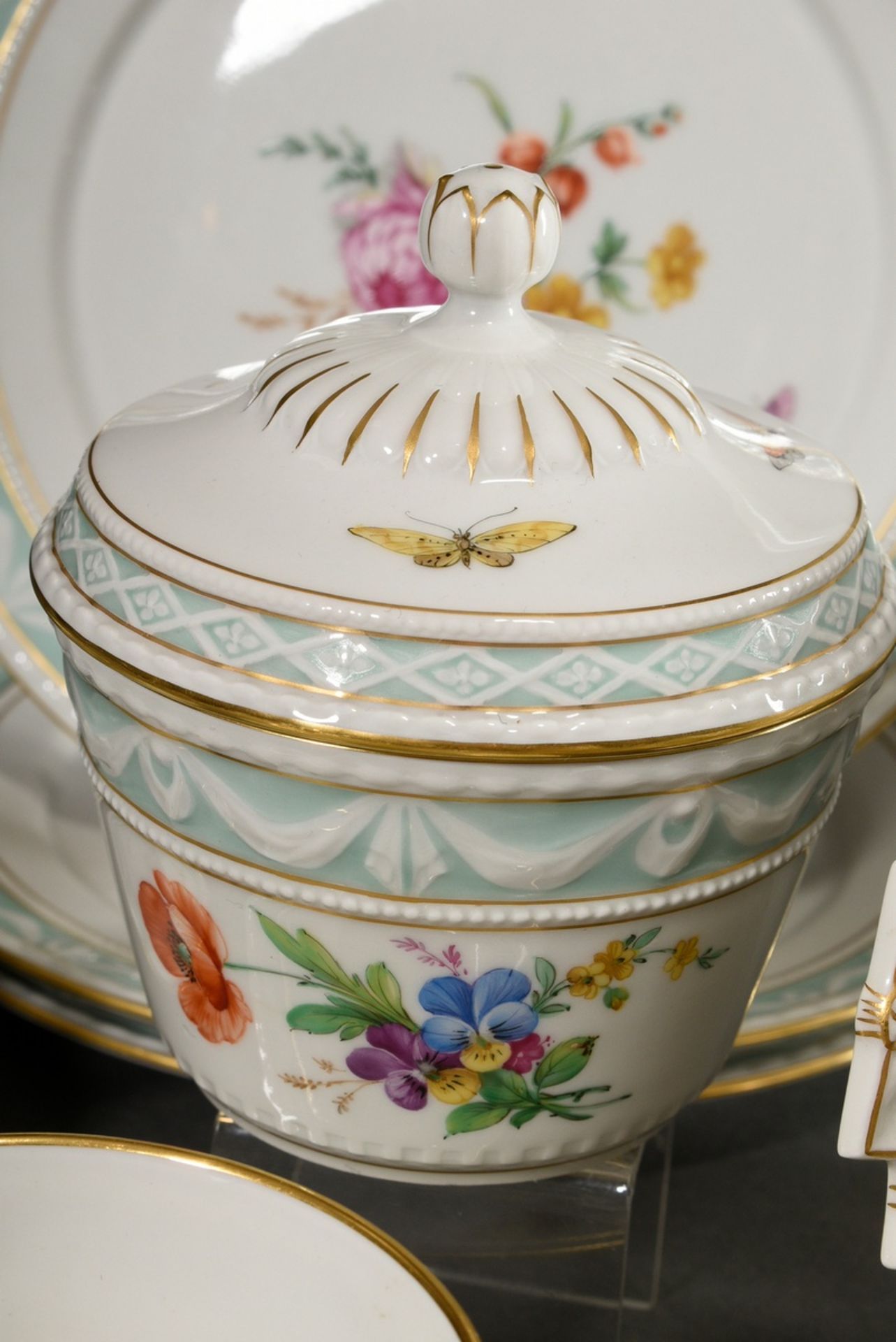 15 Pieces KPM coffee service "Kurland" with flowers and insects, gold staffage and turquoise frieze - Image 4 of 10