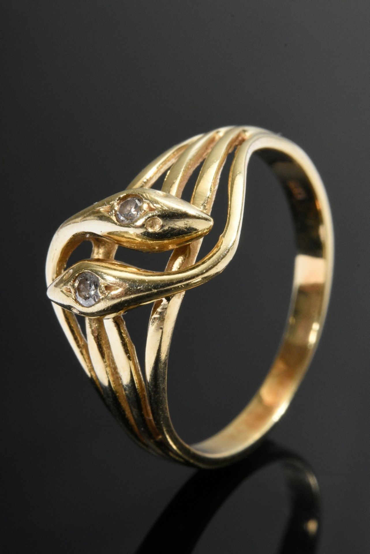 Delicate yellow gold 585 double snake ring with small octagonal diamonds (approx. 0.06/SI/W), 3g, s