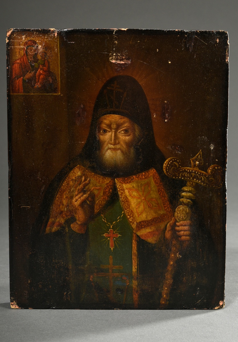 Russian icon "Saint Mitrophan" under brass oklad, egg tempera/chalk ground on wood, early 19th cent - Image 7 of 14