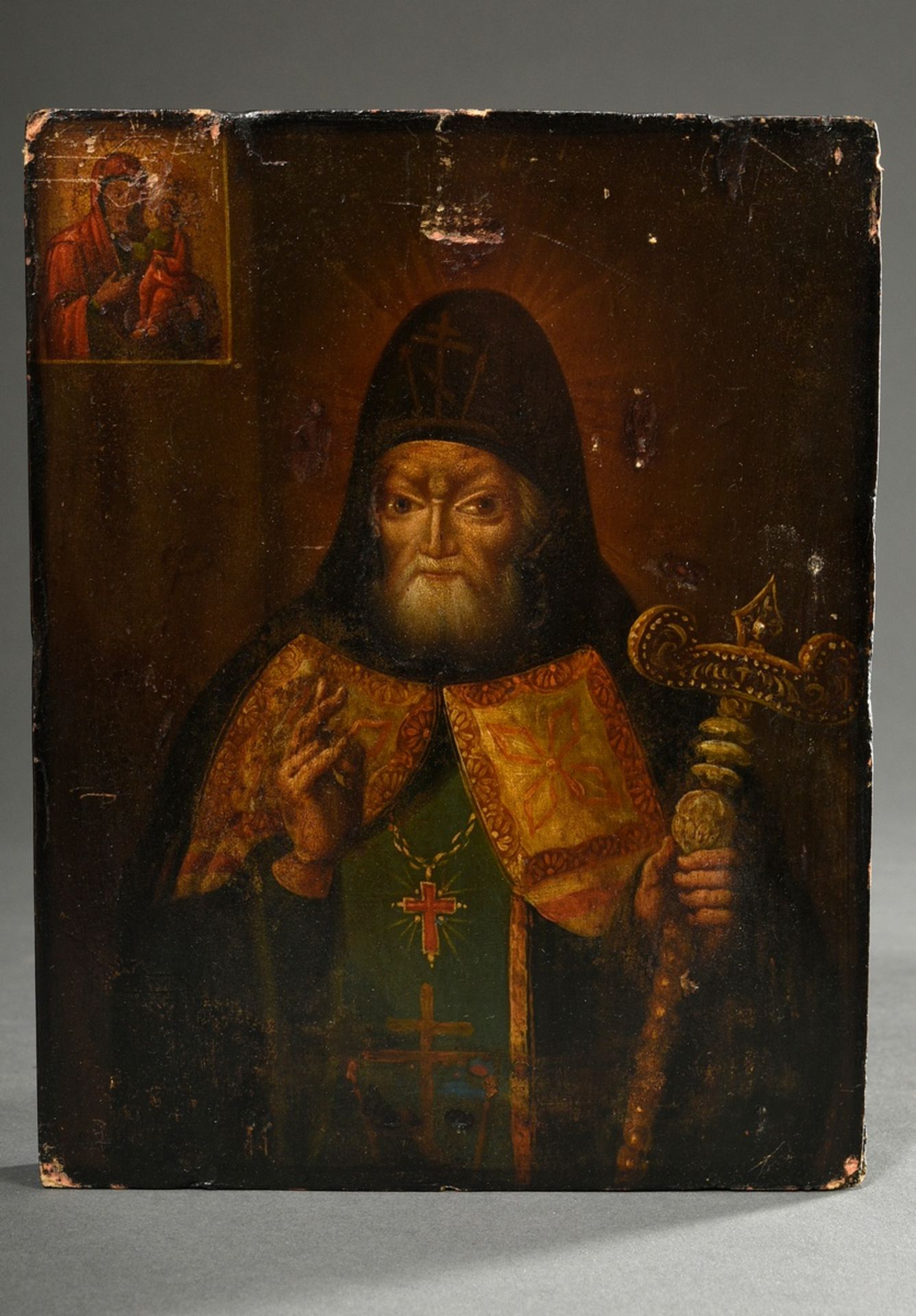 Russische Ikone "Heiliger Mitrophan" unter Messing Oklad, Eitempera/Kreidegrund auf Holz, frühes 19 - Bild 7 aus 14