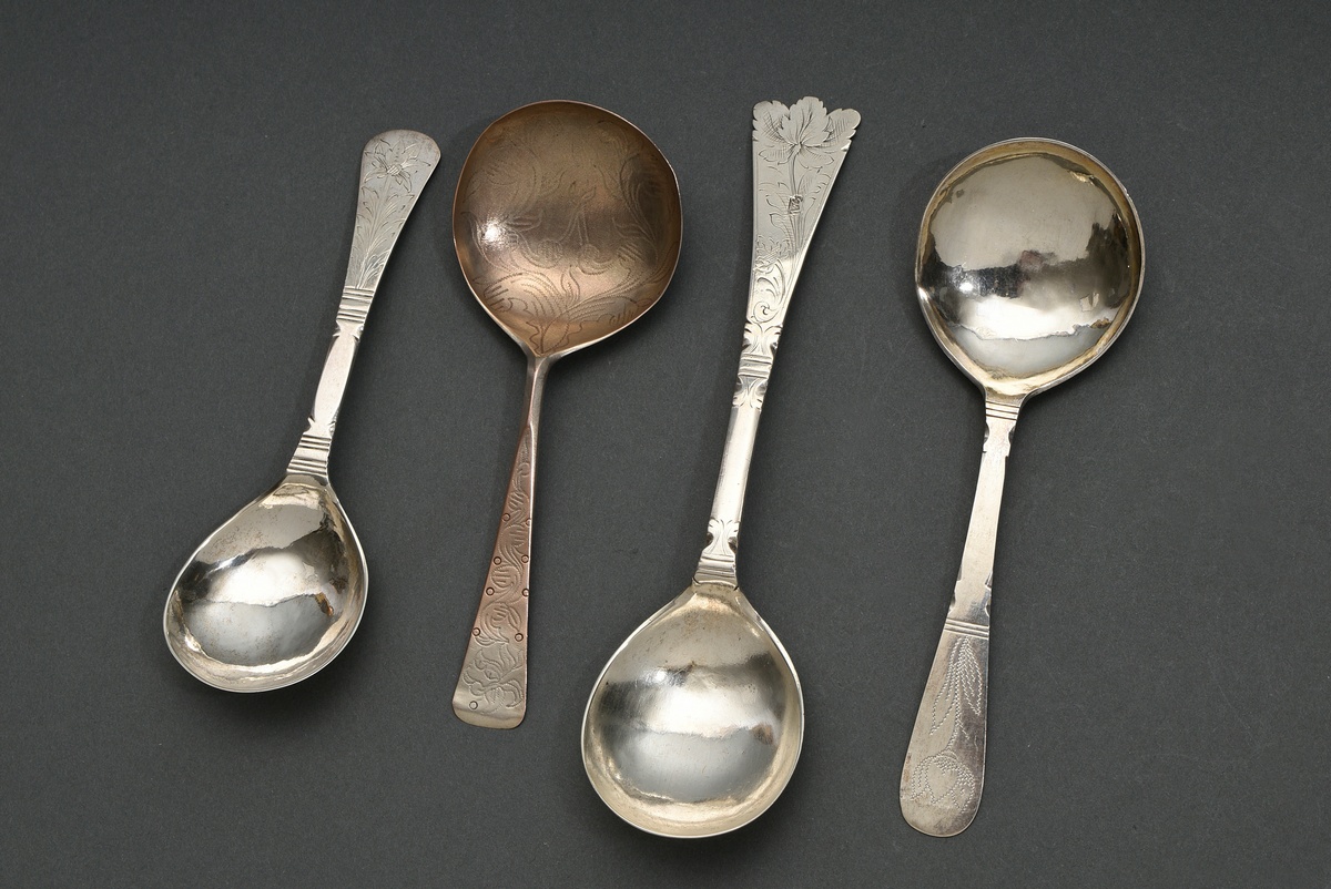 4 Various antique Norwegian round brandy spoons with floral decoration in scroll and engraving tech - Image 2 of 9