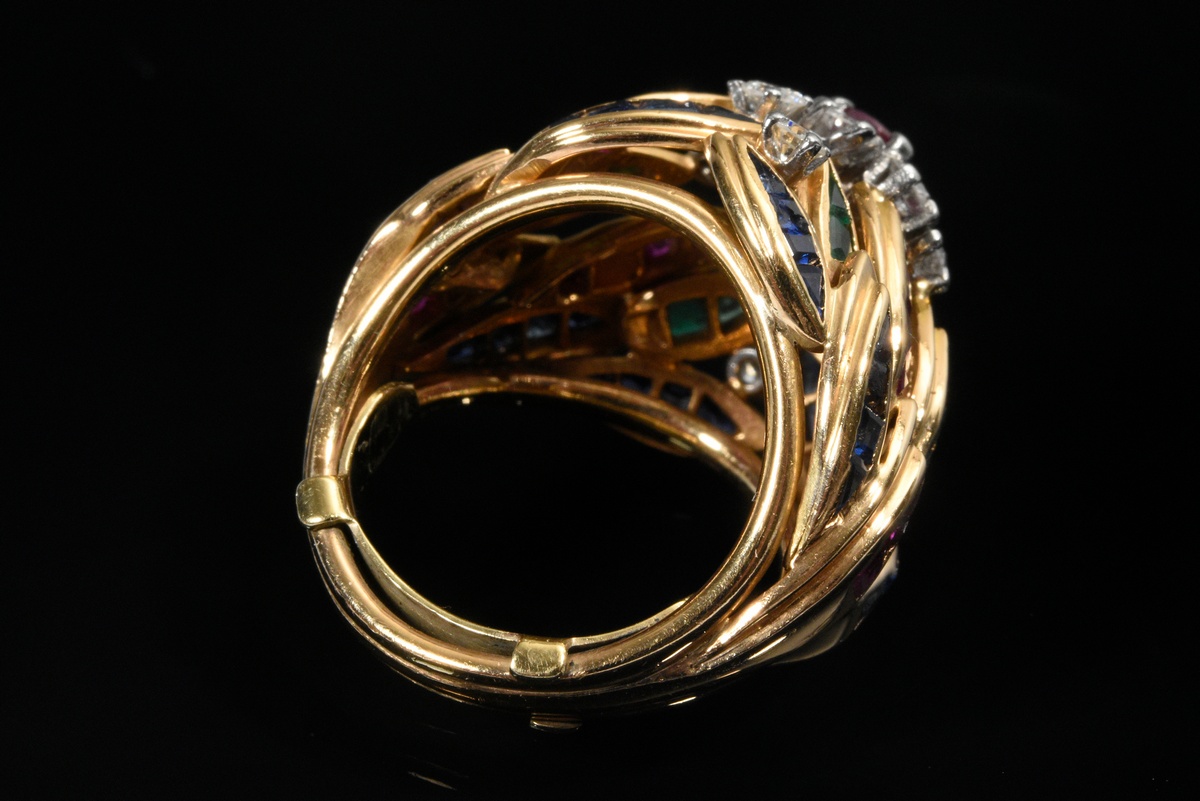 Handmade Midcentury yellow gold 585 cocktail ring with feathered ring head and alternating diamonds - Image 4 of 4