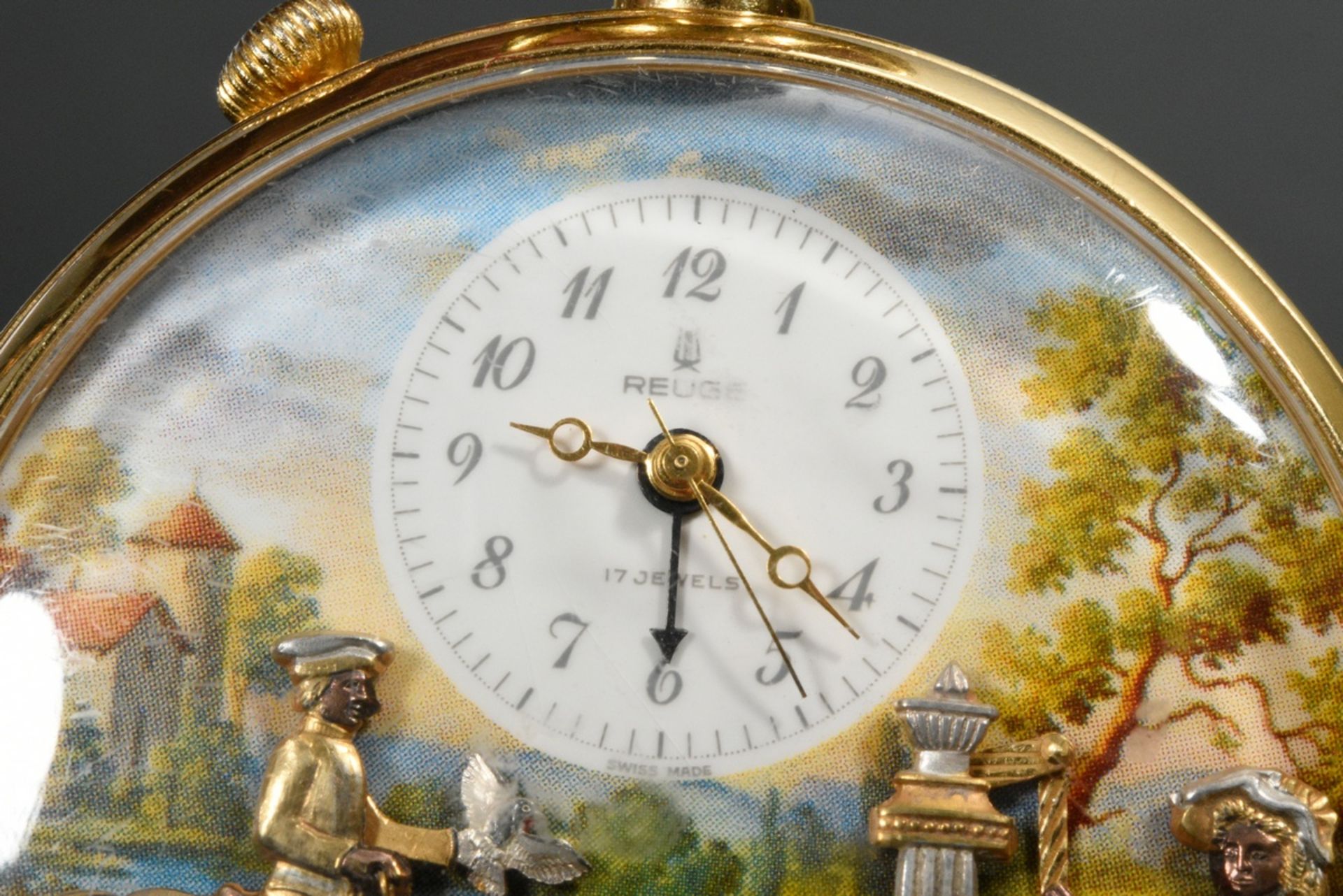 Reuge music pocket watch with alarm clock, music box and figurine automaton in silver-gilt case wit - Image 7 of 10