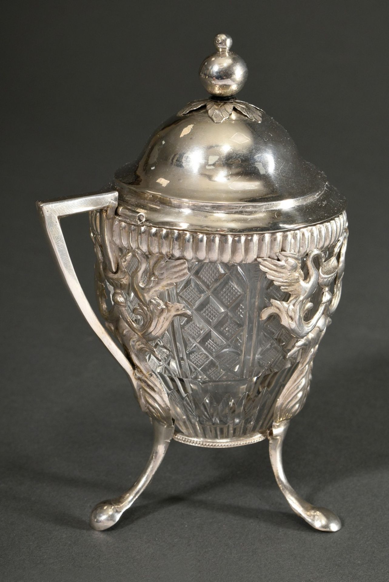 An Empire mustard pot with crystal inset, over 3 feet with swan reliefs, domed hinged lid with ball - Image 2 of 7
