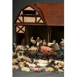 Children's toy "Farm", approx. 1920/1930, consisting of: coloured painted stable building with hipp