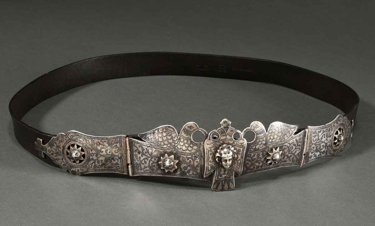 Leather belt with Caucasian double-bird buckle and ornamental tendril decoration in niello work, ma