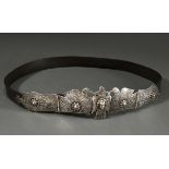 Leather belt with Caucasian double-bird buckle and ornamental tendril decoration in niello work, ma