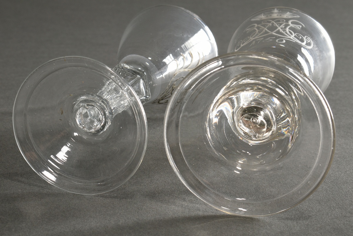 2 various Baroque glasses with incised mirror monograms and captured bubbles to the stem and turned - Image 4 of 5