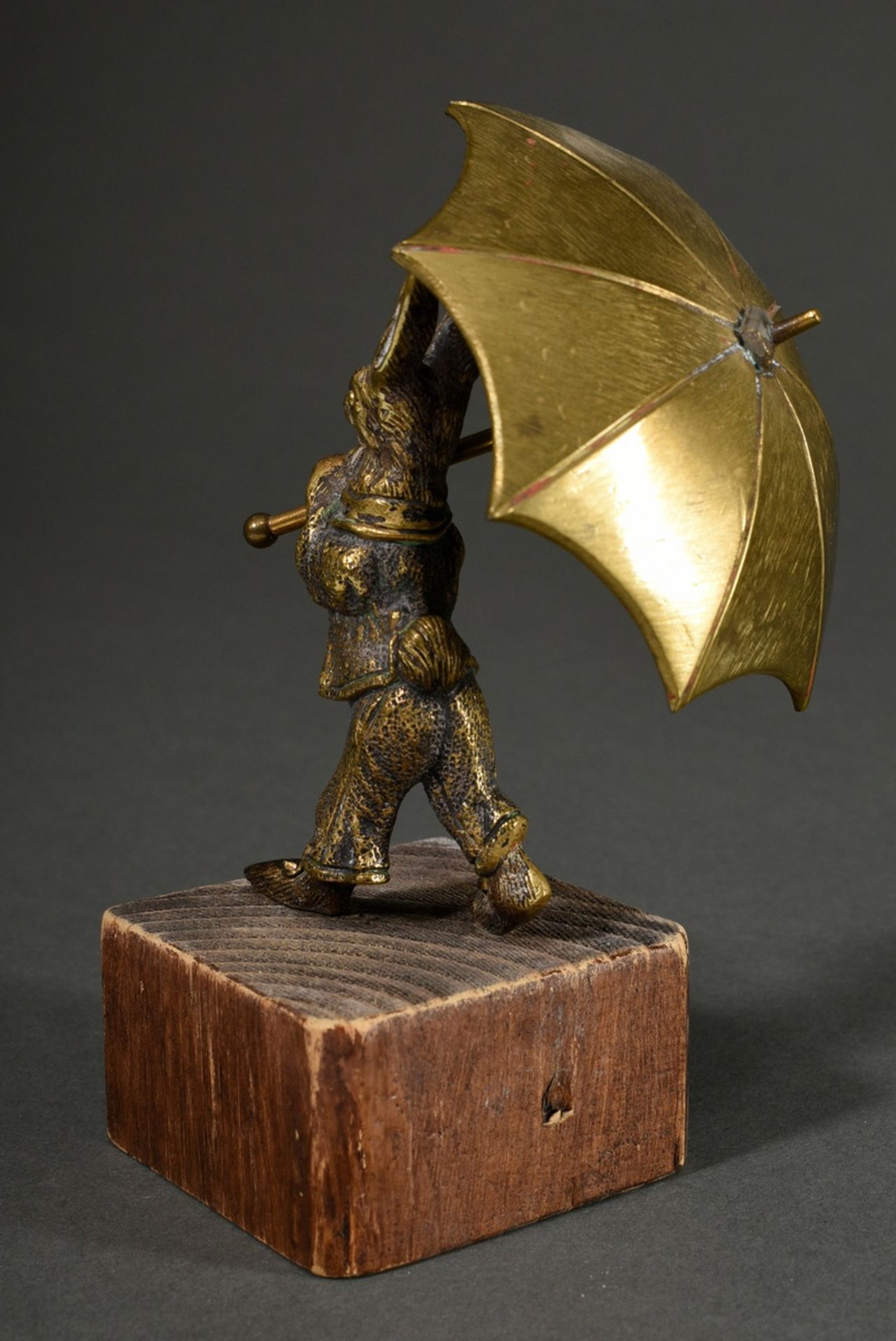 Bronze " Rabbit with umbrella", dressed with doublet and trousers, restored coloured painting, on w - Image 4 of 5