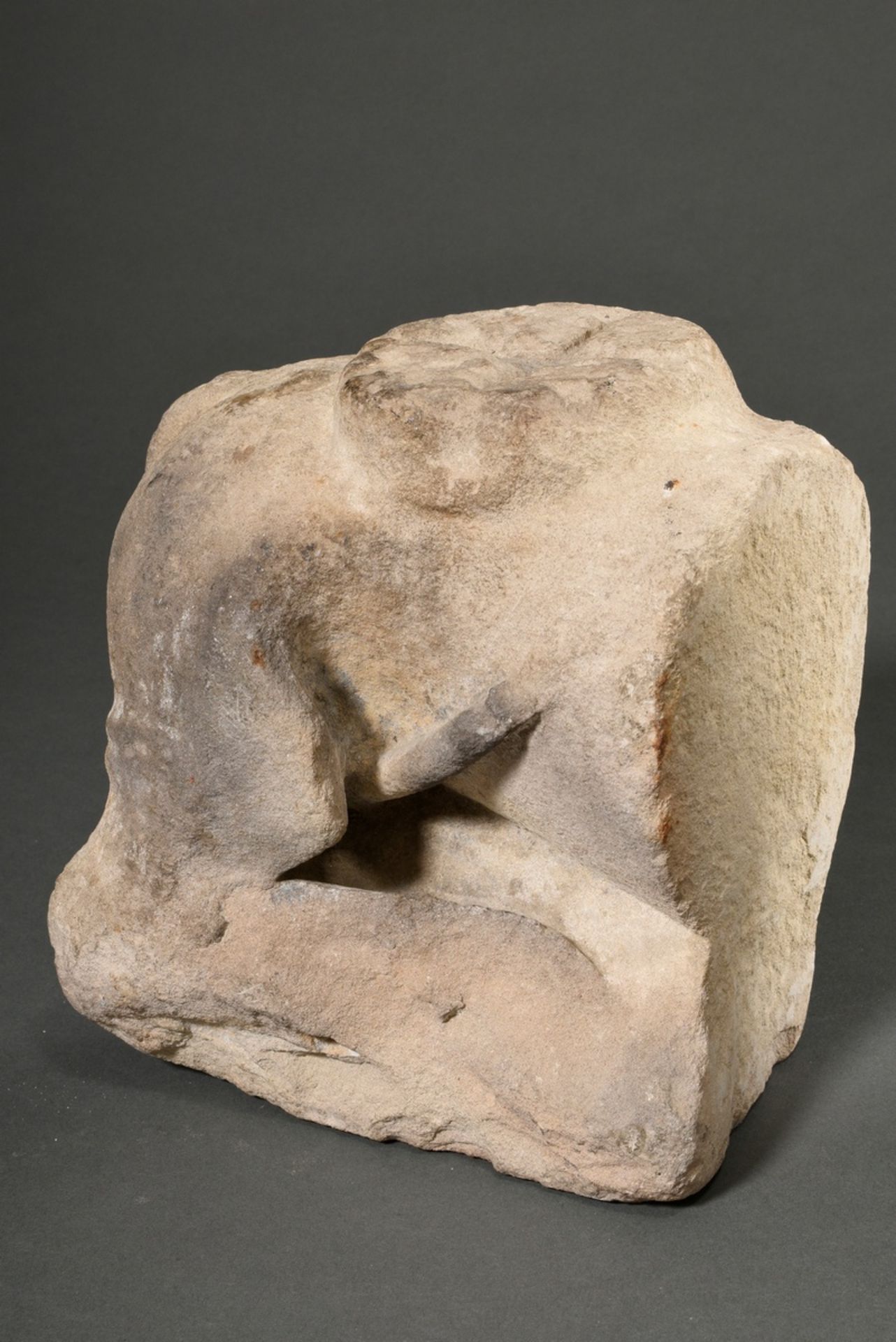 Late medieval sandstone column base "Reclining lion with open mouth", 45x34x20cm, strong traces of  - Image 9 of 11