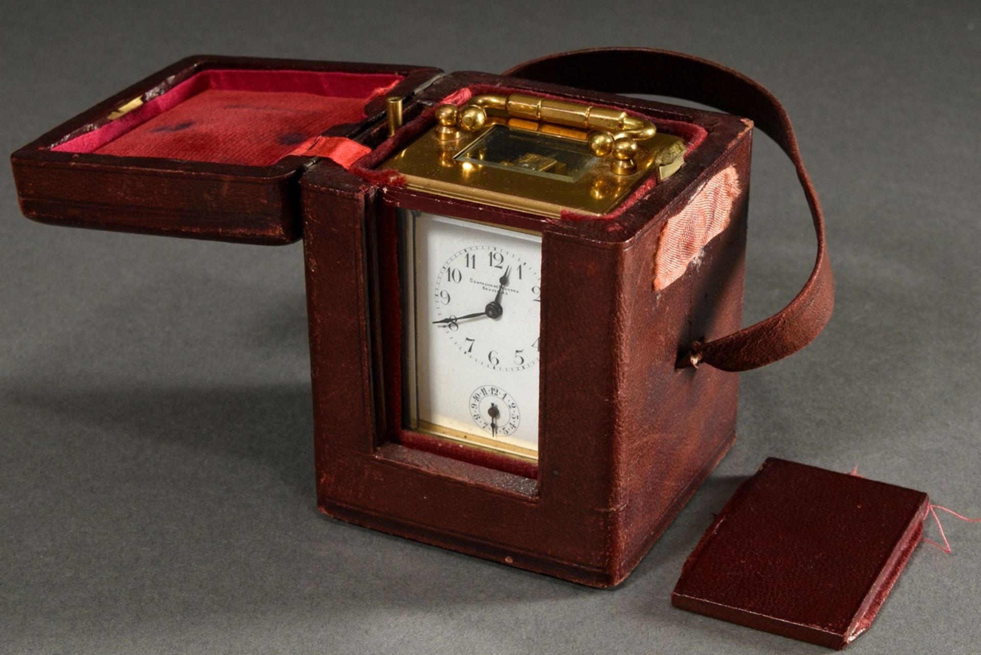 French miniature travel alarm clock in all-round glassed brass case, enamelled dial with Arabic num - Image 9 of 11