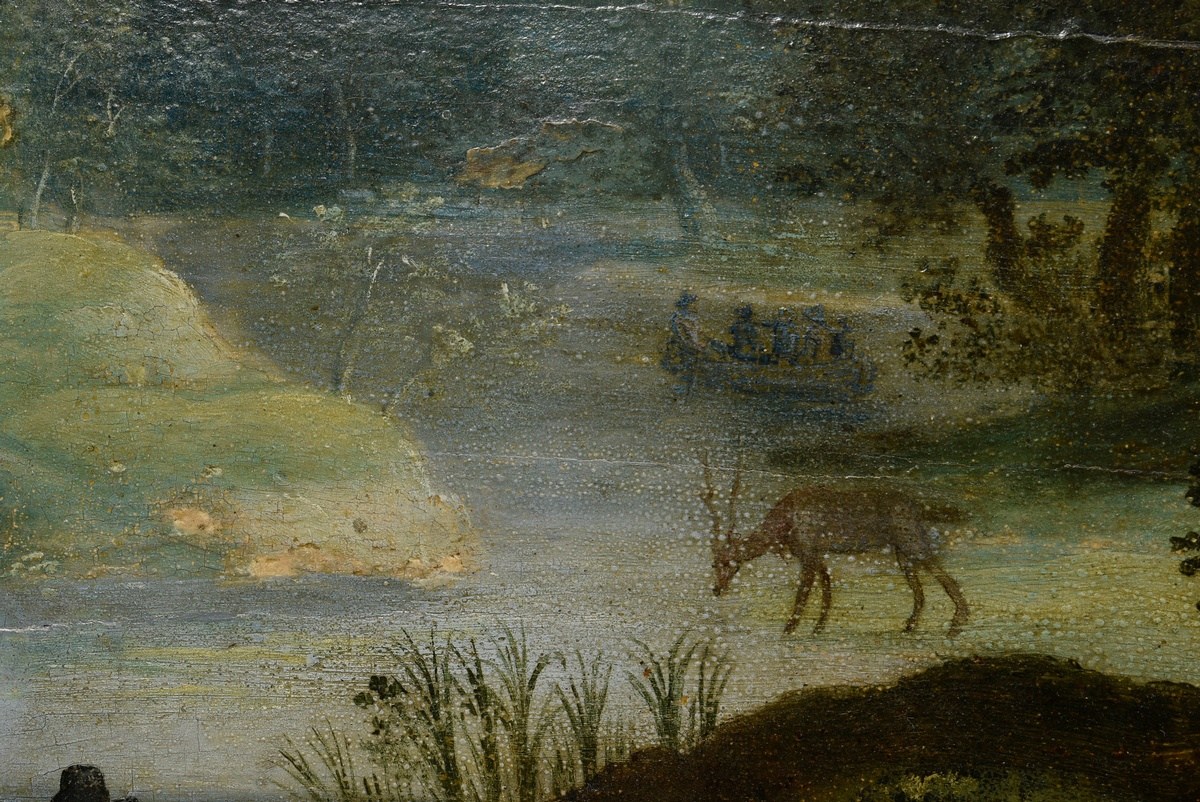 Unknown artist of the 17th/18th c. "Ideal landscape with hunting scene", oil/wood, with illuminatio - Image 4 of 7