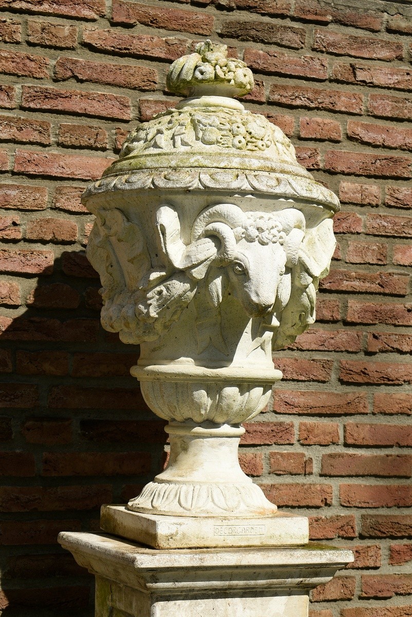 Cast or sandstone lidded vase with ram's head on a high angular pedestal after an old model, marked - Image 3 of 5