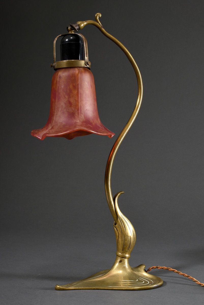 Art Nouveau brass lamp on a heart-shaped base with Daum Nancy goblet shade, glass with red and yell