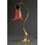 Art Nouveau brass lamp on a heart-shaped base with Daum Nancy goblet shade, glass with red and yell