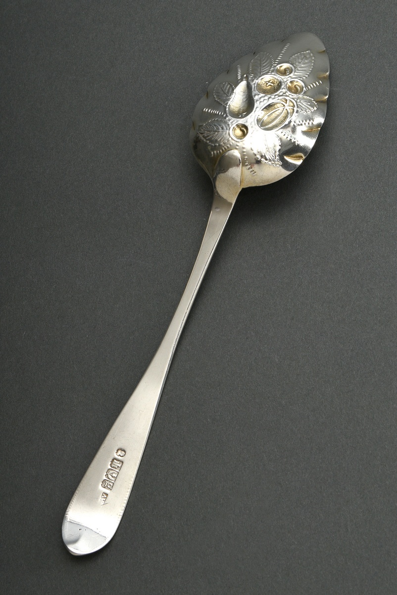 English Berryspoon with embossed relief ‘Fruits’ on the spoon and engraved heraldic animal ‘Winged  - Image 2 of 5