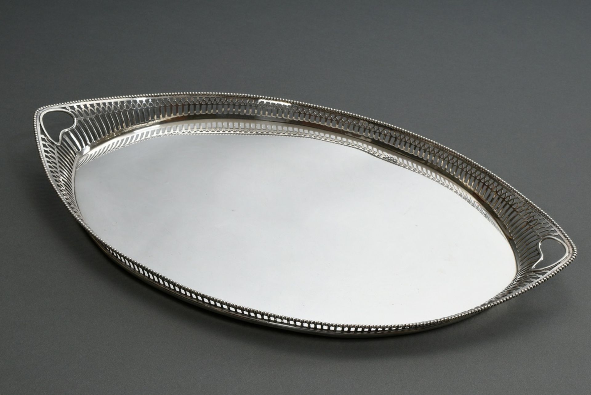 Dutch tray with lattice opening and beaded rim, MM: JdV (?), year mark 1915, silver 833, 1480g, 56x