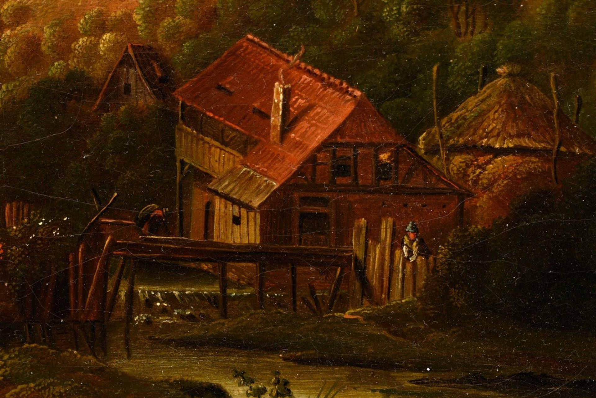 Unbekannter Künstler um 1800 „Romantische Landschaft mit Wassermühle“, Öl/Leinwand doubliert, 21x25 - Bild 3 aus 4