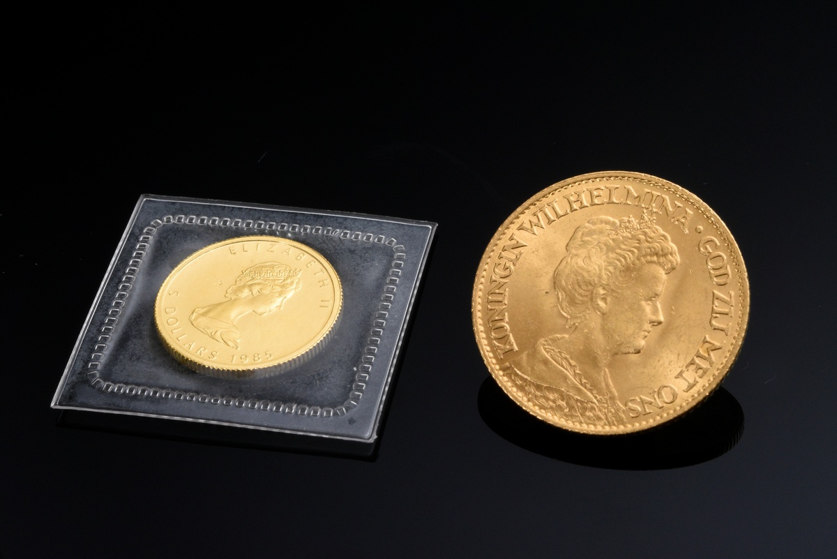 2 Various coins: 1 yellow gold 900 "10 guilder coin Queen Wilhelmina, Netherlands, 1917" (6.72g, Ø 