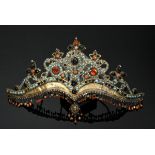 Uzbek bridal jewelry tiara, openworked plate with varying stone setting at the top, gilded curved s
