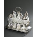 English George III spice cruet on feet with grooved rim, carrying handle in relief and 7 cut crysta