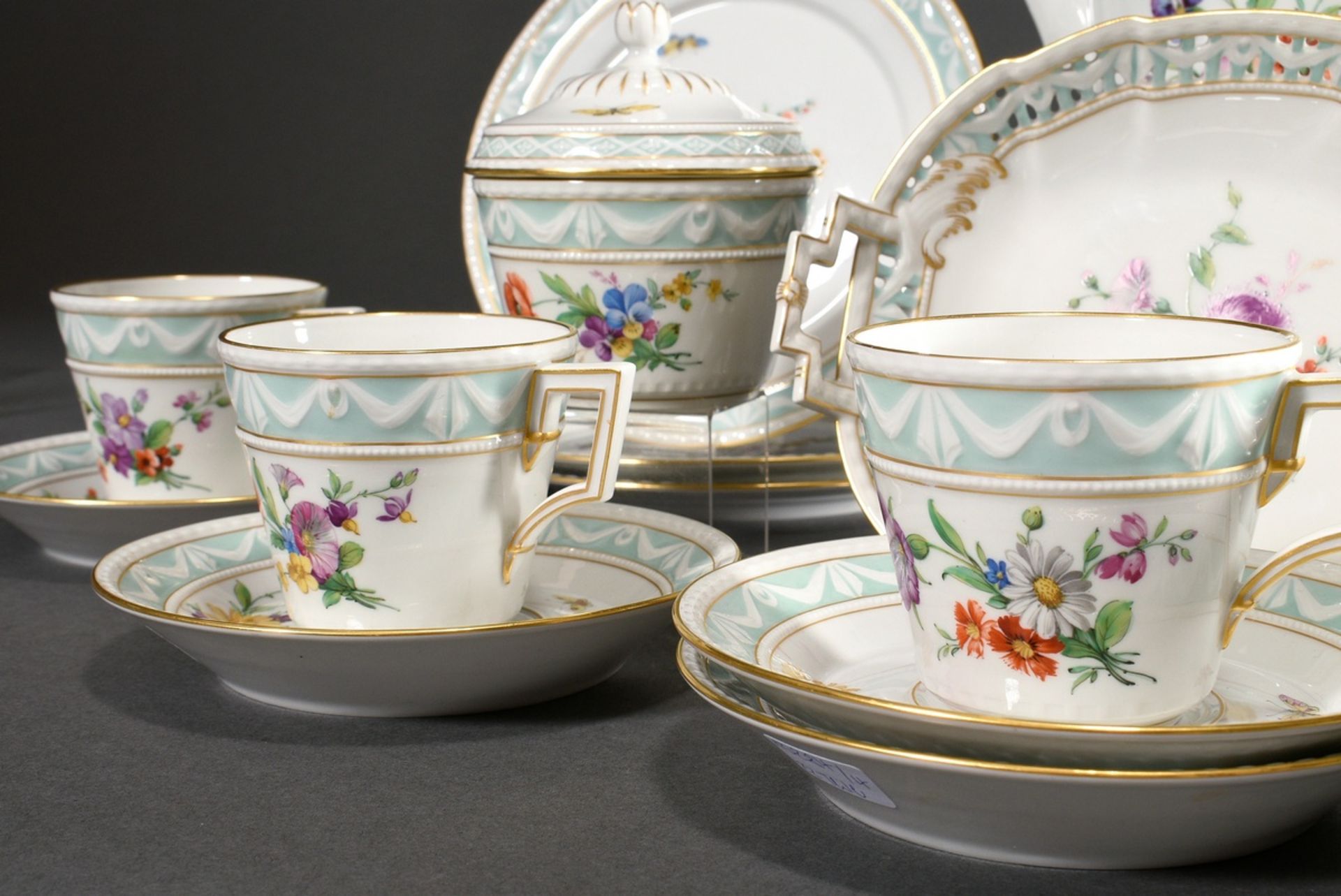 15 Pieces KPM coffee service "Kurland" with flowers and insects, gold staffage and turquoise frieze - Image 6 of 10