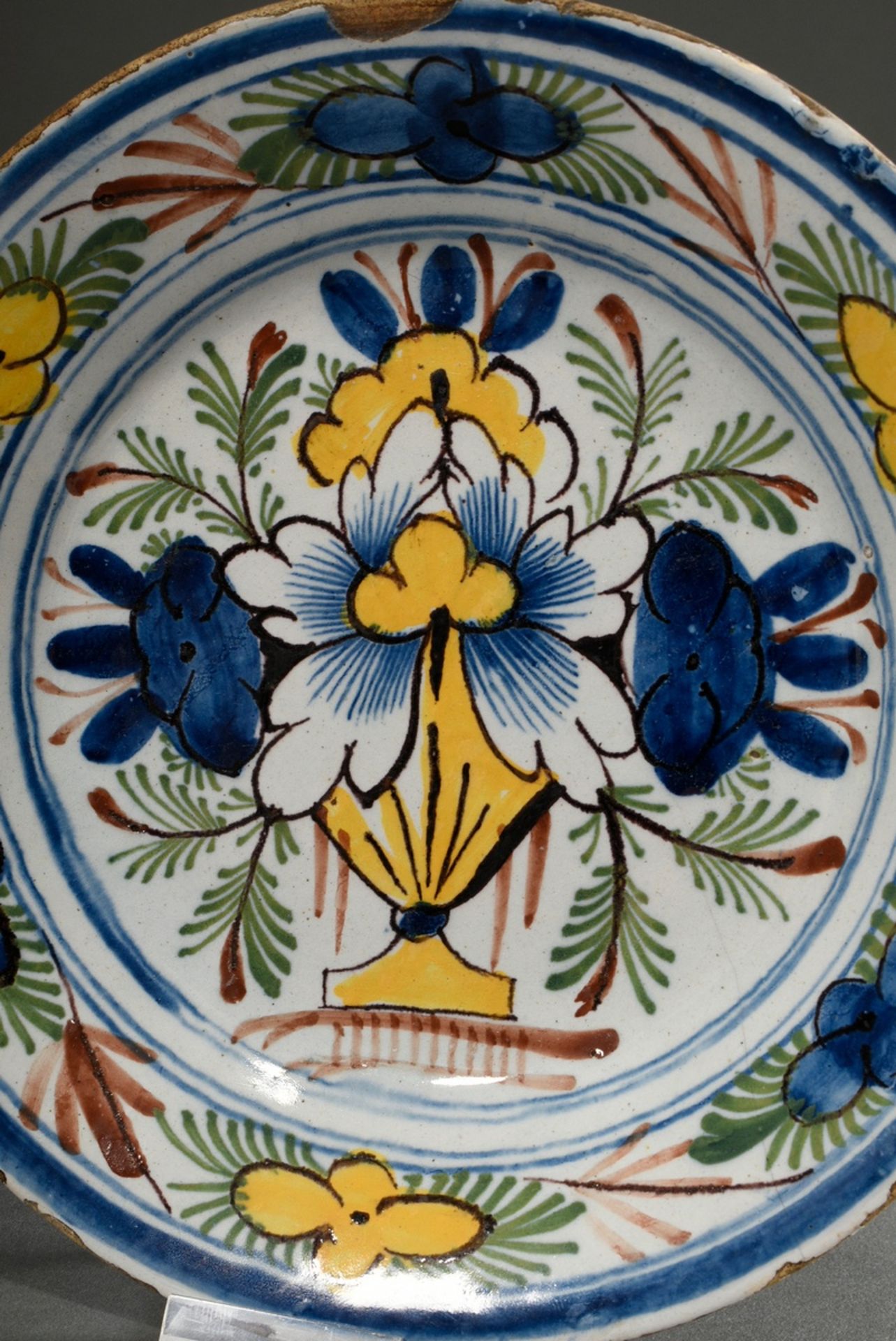 3 Small Dutch faience plates with polychrome slip painting ‘Chinoiserie’ and ‘Flower vases’, Delft  - Image 11 of 11