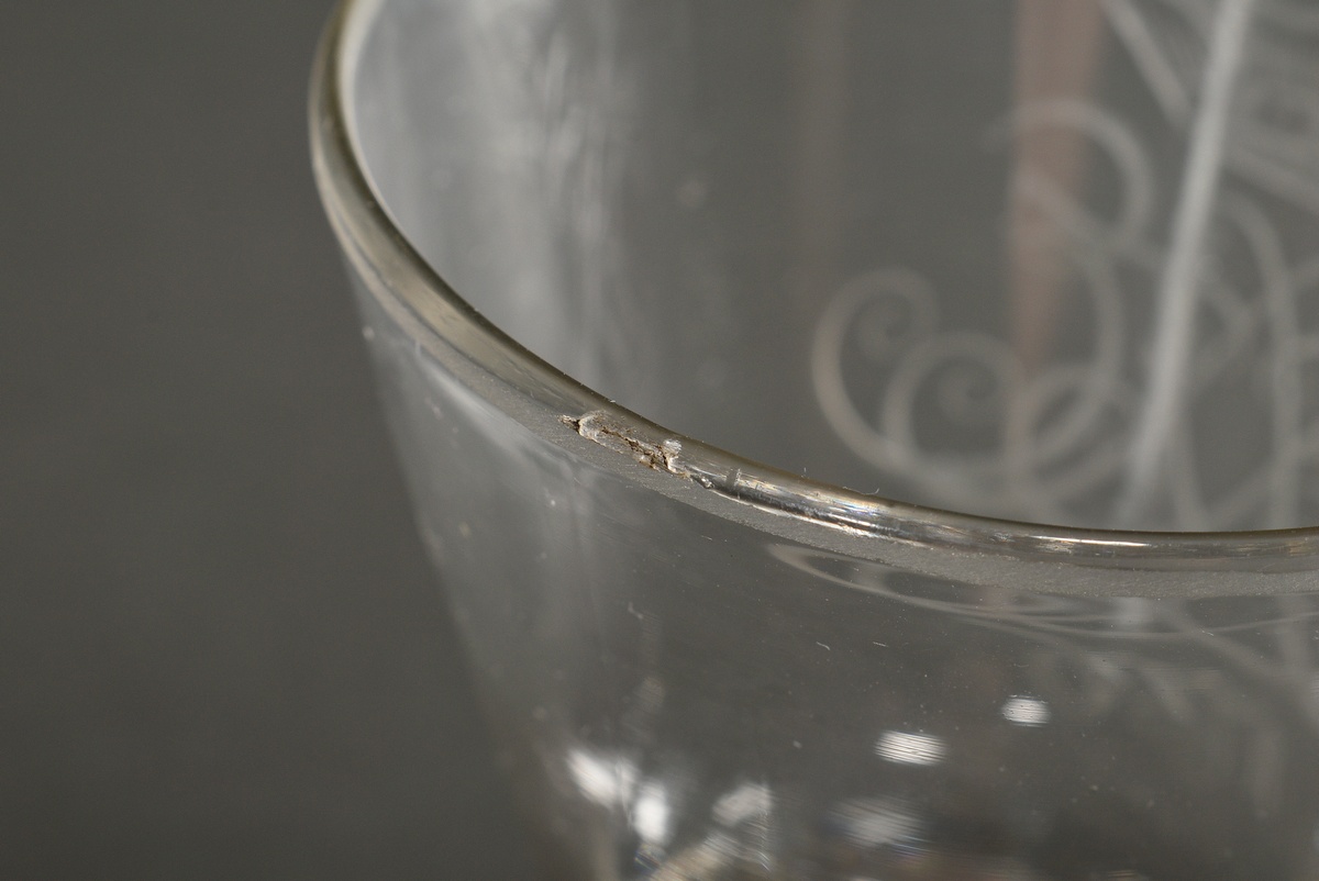 2 various Baroque glasses with incised mirror monograms and captured bubbles to the stem and turned - Image 5 of 5