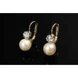 Pair of yellow gold 585 earrings with cultured pearls (Ø 7.1mm) and old-cut diamonds (total approx.