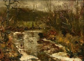 Höckner, Rudolf (1865-1942) "Winterly river landscape", oil/paper laminated on hard fibre, sign. lo