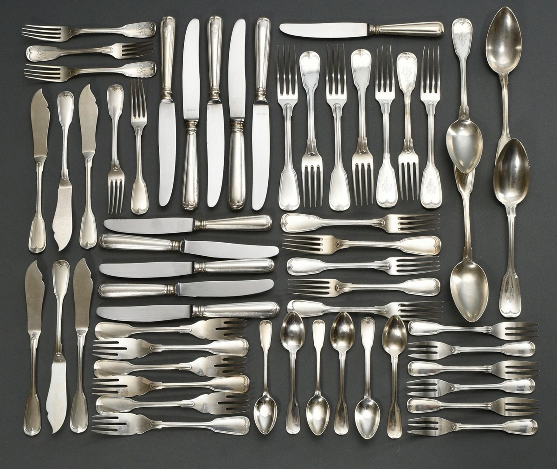 56 pieces ‘Augsburger Faden’ cutlery, approx. 1900, partly engraved, various makers (including Wilk - Image 2 of 5
