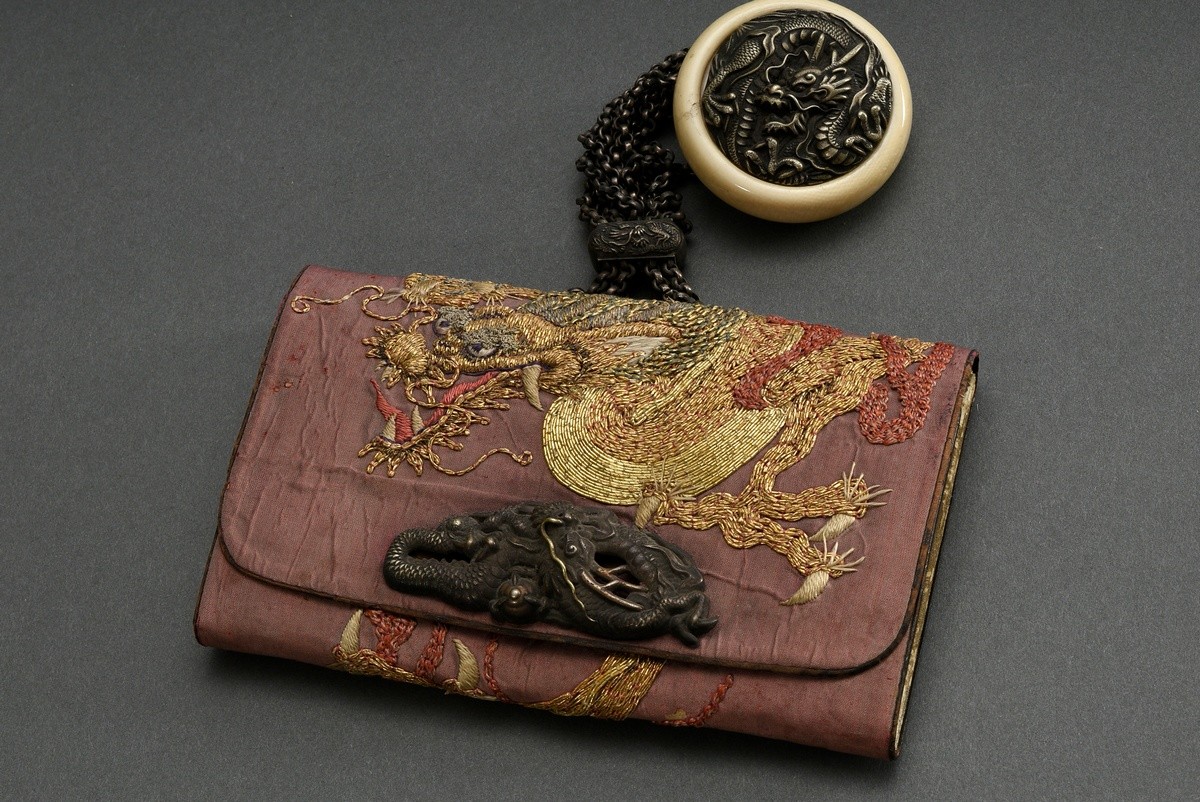 2 Diverse Tabakoire Täschchen mit Metall Ketten und Elfenbein Kagamibuta Netsuke "Drachen", Japan u - Bild 11 aus 17