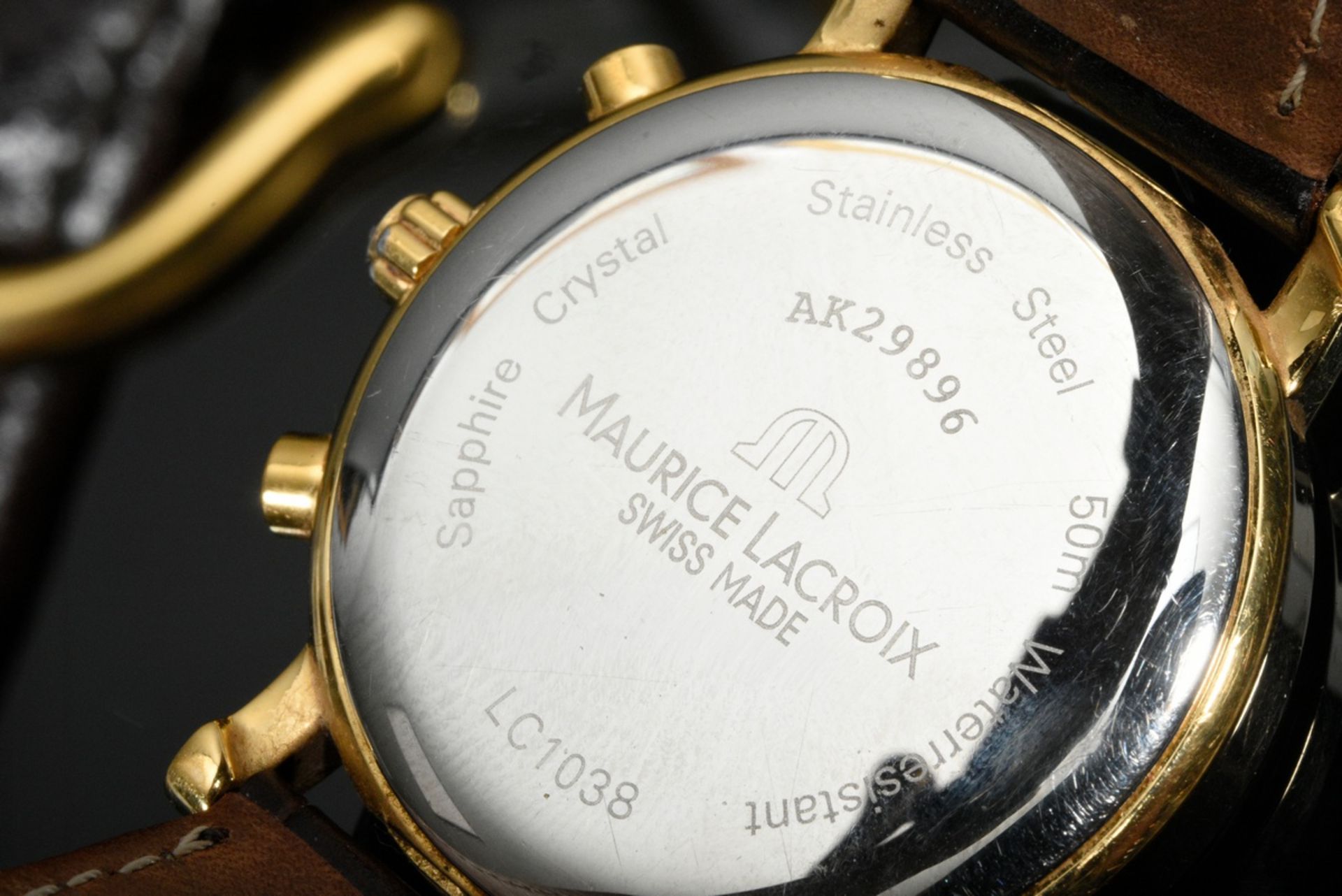Maurice Lacroix Chronograph Armbanduhr, Edelstahl vergoldet, Emaille Zifferblatt mit römischen Zahl - Bild 3 aus 5