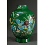 Vase "Heron between lotus" with Fahua decoration and flat relief in aubergine, turquoise and yellow