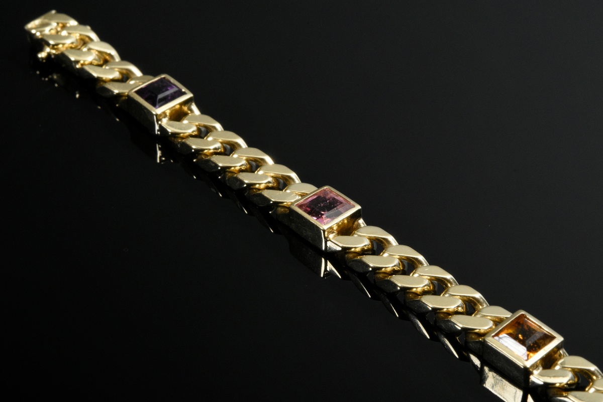 Yellow gold 585 armor bracelet with 6 different coloured stone carrés (amethyst, tourmaline, citrin - Image 2 of 2