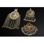 3 Various Afghan pendants: 1 mounted on fabric with stones, beads and bells and 2 domed discs with 
