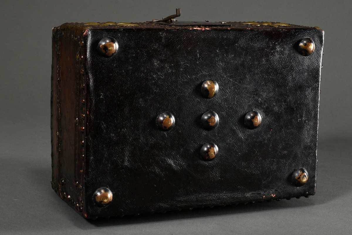 Antique leather casket with nailed decoration on the body and steel fittings, inside florally hallm - Image 6 of 14