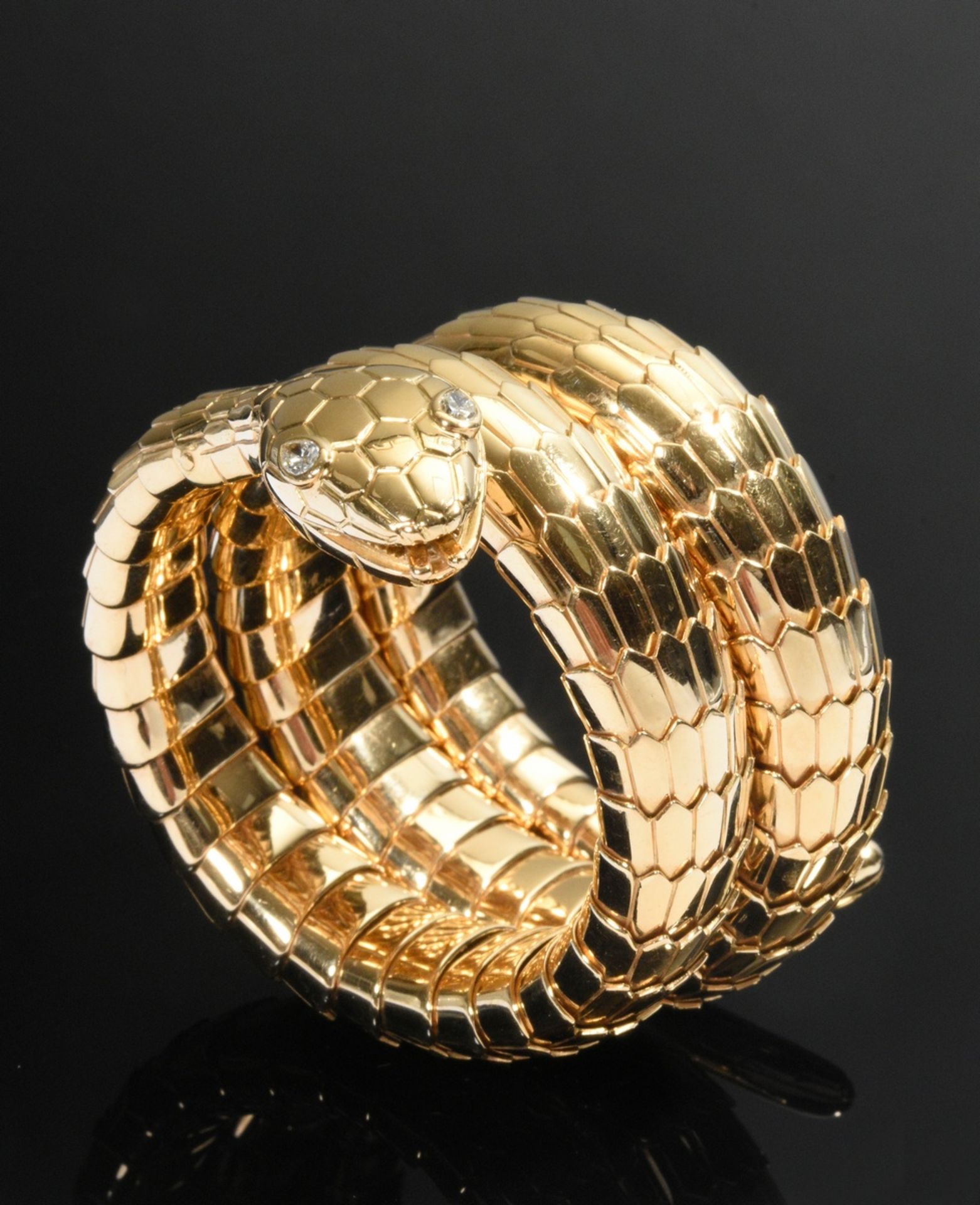 Yellow gold 750 snake spiral bangle with serrated scales and drop-cut diamond eyes (together approx - Image 2 of 3