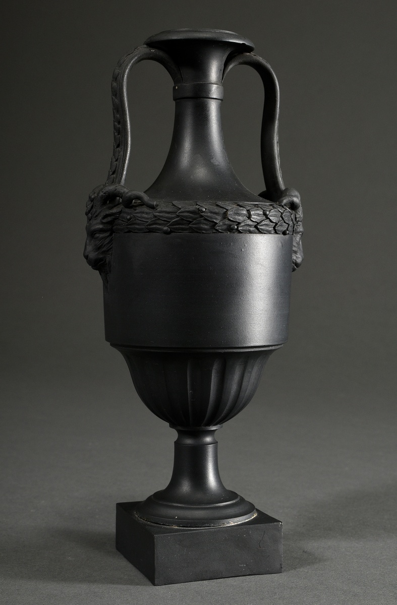 Antique Wedgwood black basalt ware amphora on a square foot, baluster body with laurel rim and scul - Image 2 of 5
