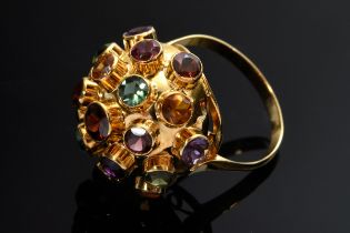 Gelbgold 800 Sputnik Ring mit Amethysten, Topasen, Citrinen und Granat, Portugal, 5,2g, Gr. 55